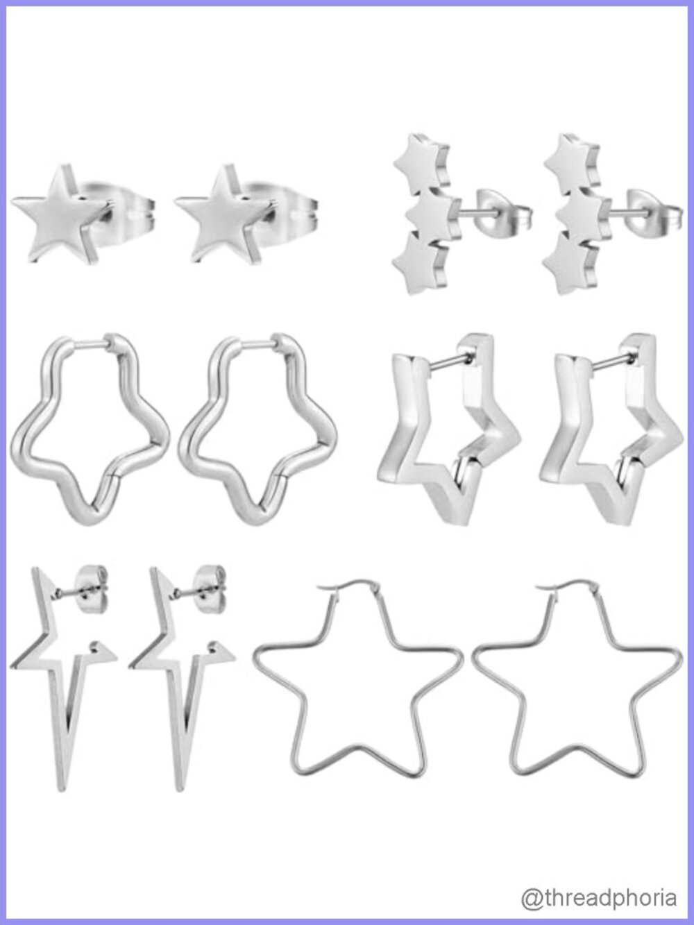 6 Pairs Star Earrings Set 18K White Gold Plated Stainless Steel Hoop Stud